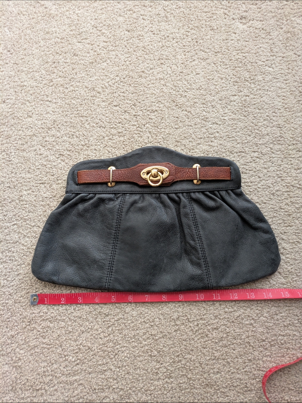 Venetian Leather Black Leather Boho Clutch with Brown Strap and Gold Hardware